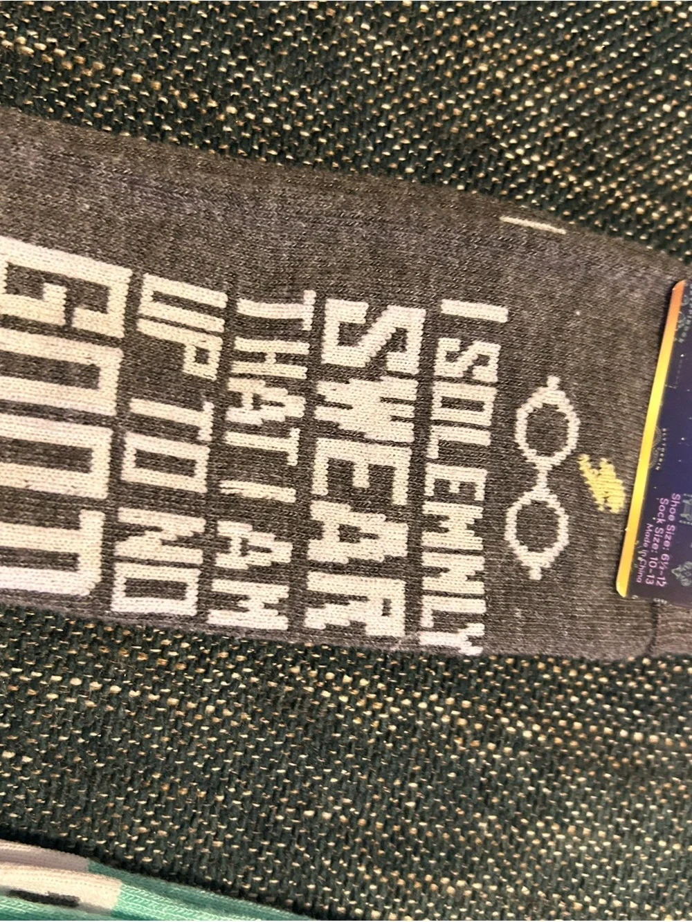 Gray Novelty Women’s Crew Socks with White Text and Yellow Accent